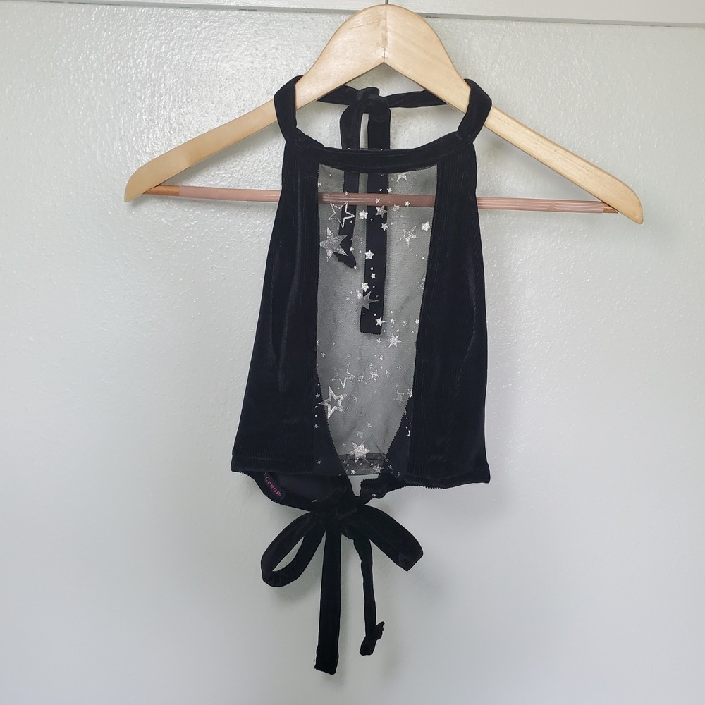 Cats Got The Cream Halter Top Black Velvet Star Sheer Festival Party XS ribbed‎